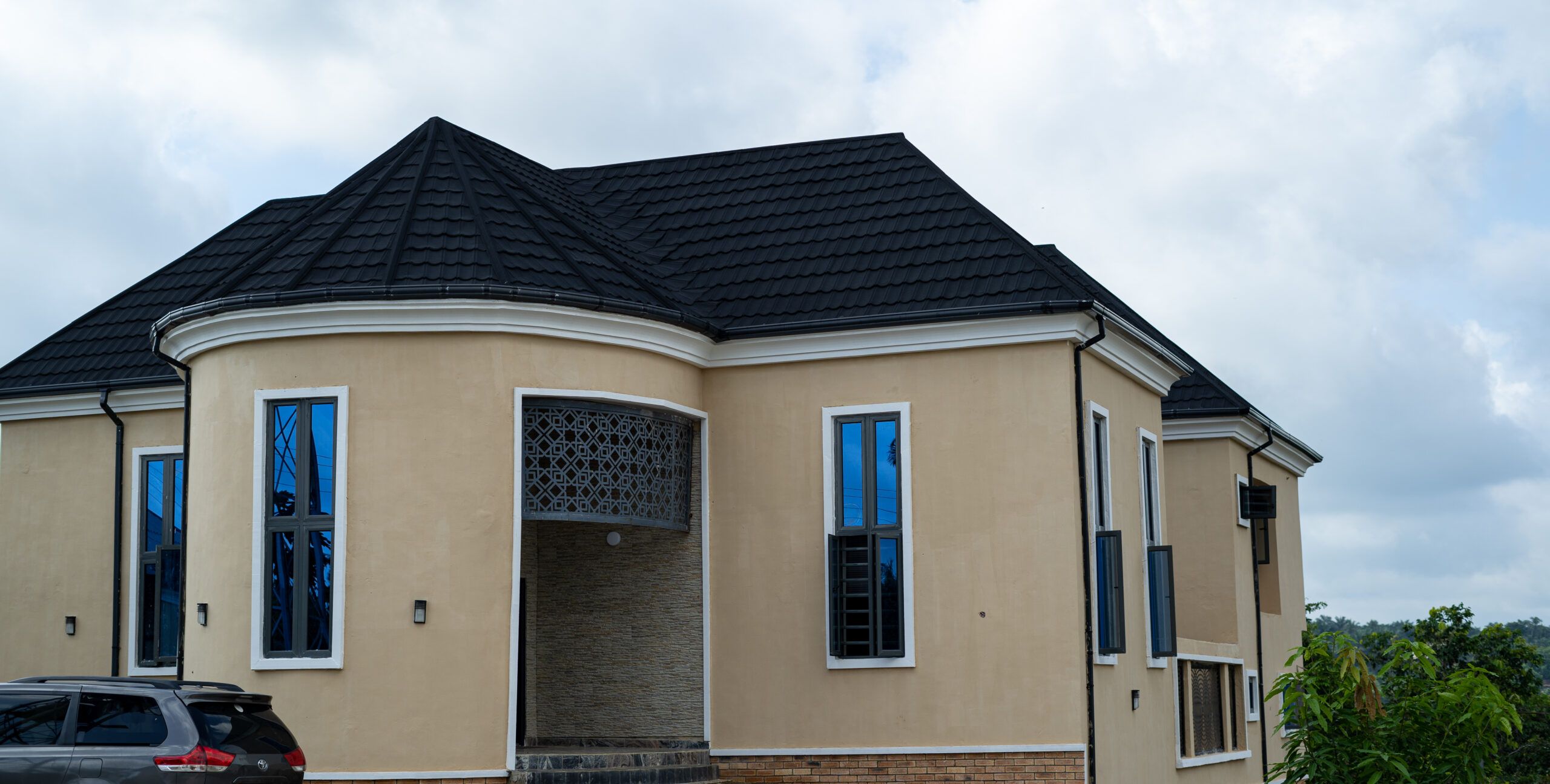 The guest house under a grey sky