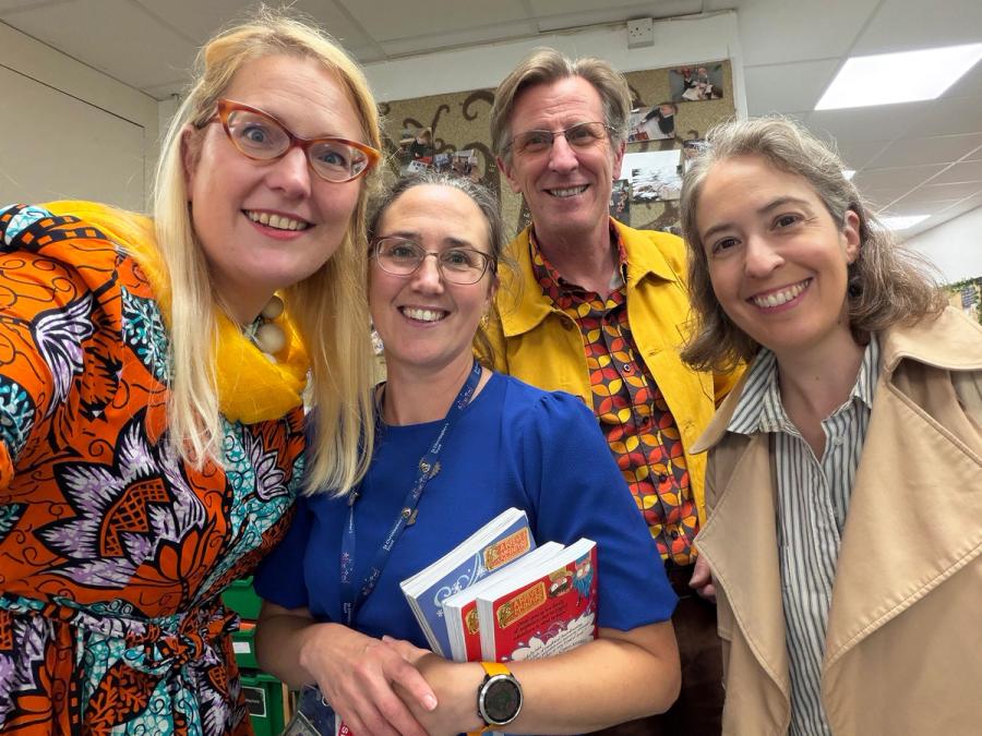 Sarah McIntyre with teacher Gemma Middleton, Philip Reeve and bookseller Leslie Leggett from First Draft Books
