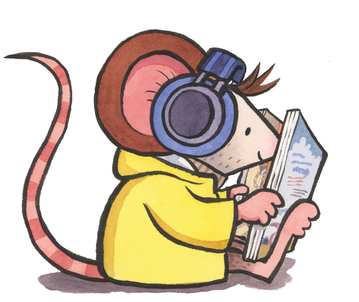 Pedro, the smallest of the Adventuremice characters, reading a book while listening to the audiobook on headphones