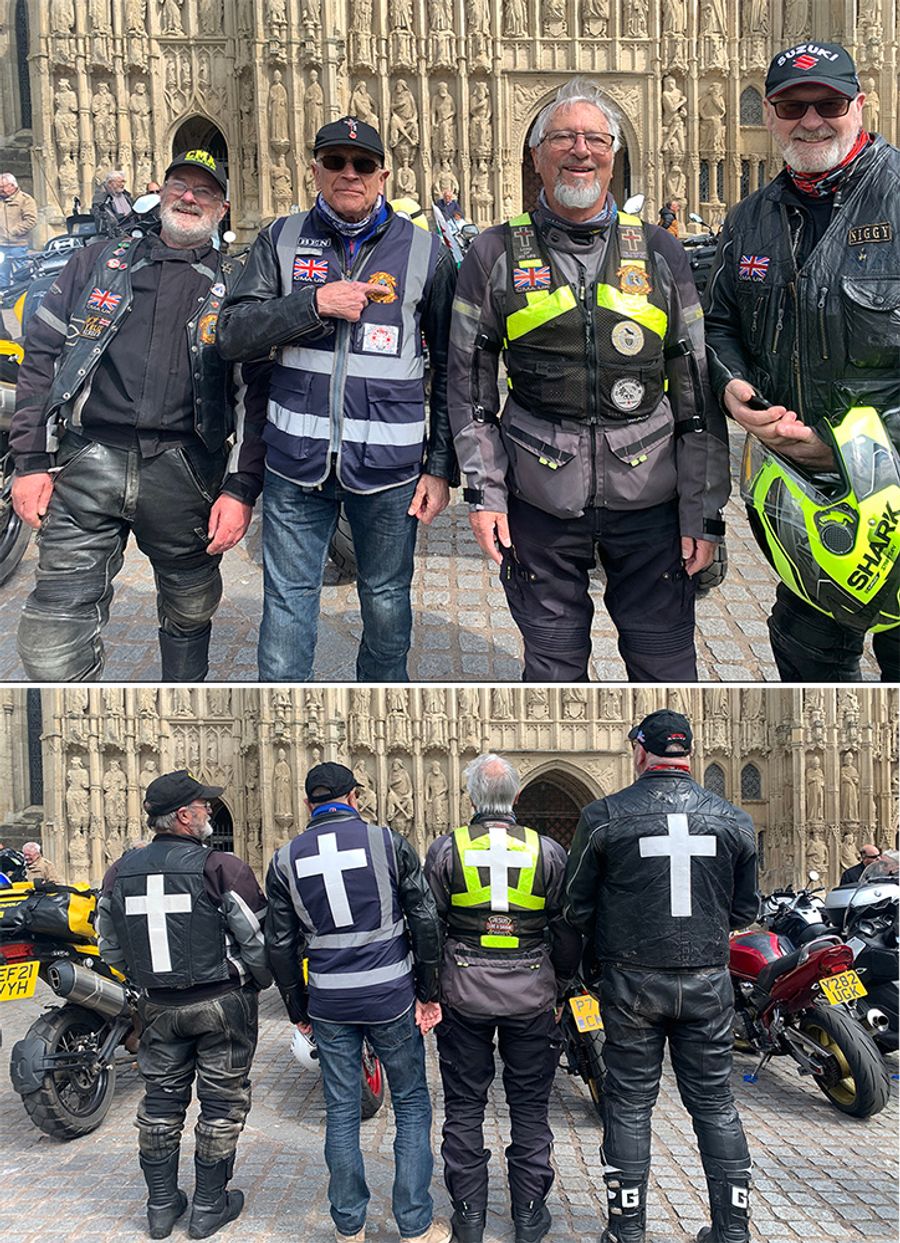 Bikers in front of Exeter cathedral, showing off the decoration on the fronts and backs of their jackets