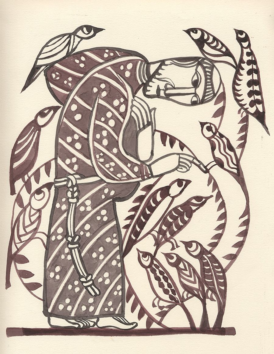 St Francis preaching to the birds, a study of Sadao Watanabe's woodblock print