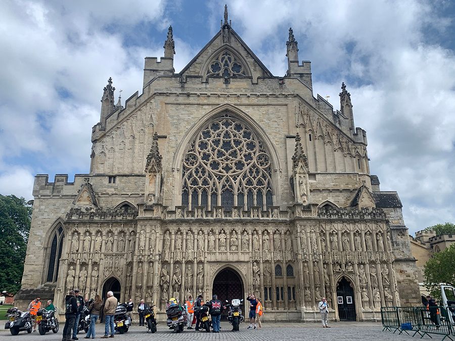 Exeter Cathedral, with motorbikes parked in front