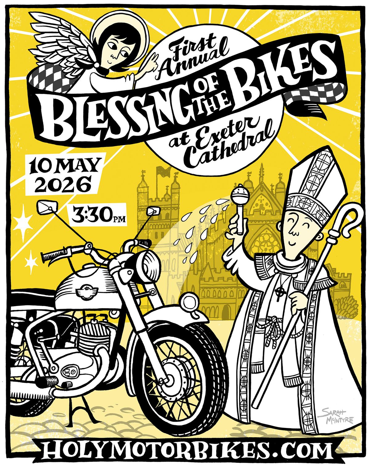 Poster for Exeter's first Blessing of the Bikes: a bishop blesses an Enfield motorbike in front of Exeter Cathedral