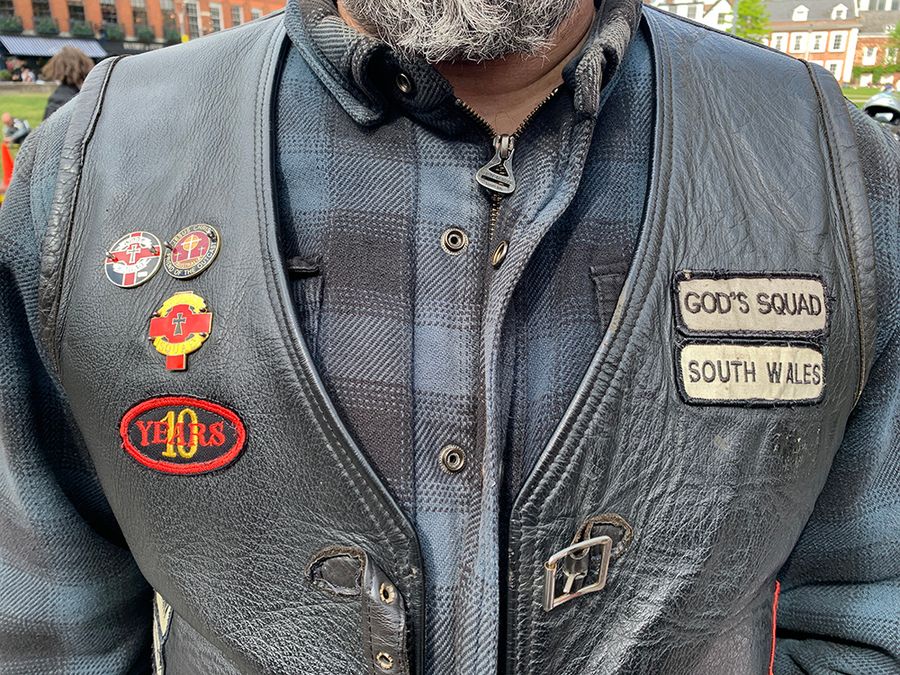 Christian biker patches, reading 'God's Squad' and 'Jesus Christ, Friend of the Outcast, Australia', and 'South Wales'