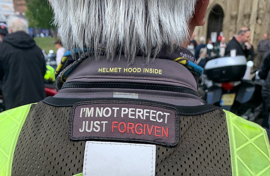 Biker patch with the words 'I'm not perrfect, just forgiven'