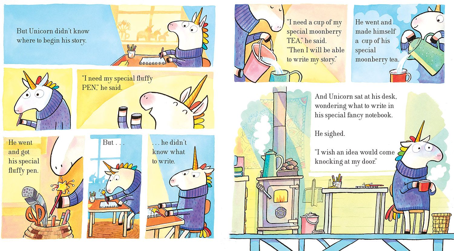 Grumpycorn wants to write the most fabulous story in the world. But he needs an idea.