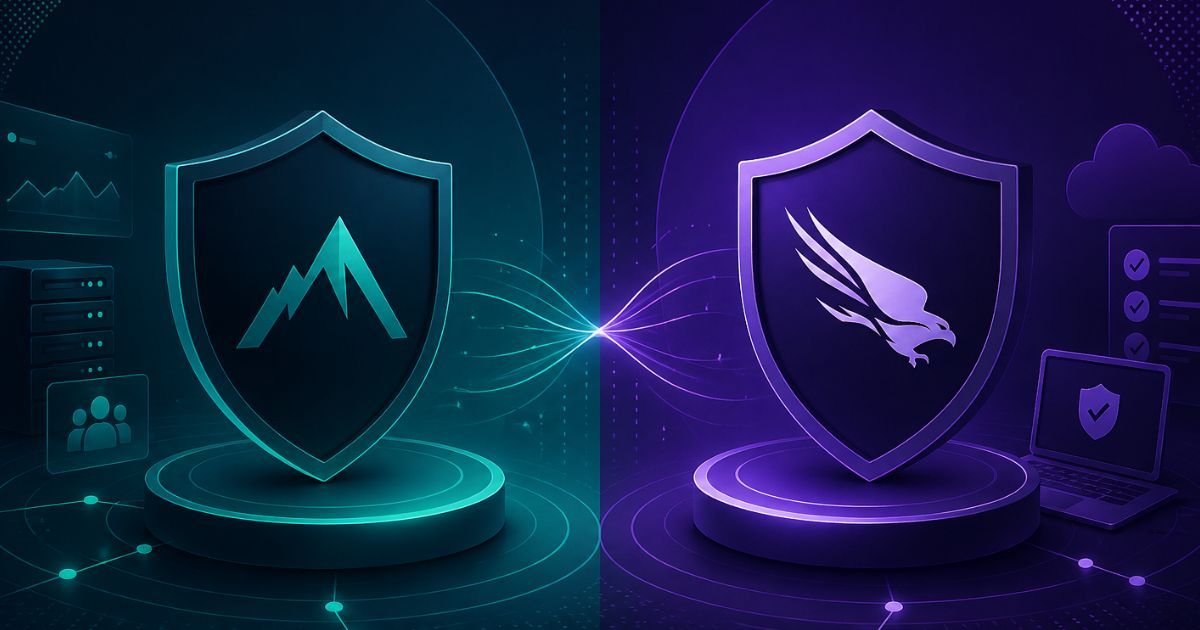 Cybersecurity competitor intelligence visual comparing Arctic Wolf and CrowdStrike platform strategies using futuristic shield and enterprise security imagery