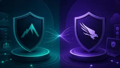Cybersecurity competitor intelligence visual comparing Arctic Wolf and CrowdStrike platform strategies using futuristic shield and enterprise security imagery