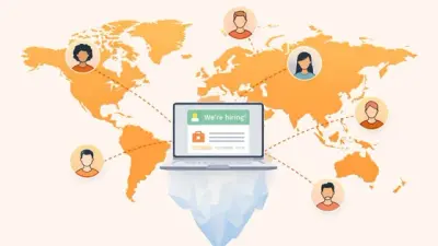 World map showing distributed remote workers connected to a startup founder's laptop — representing global remote hiring for early-stage companies