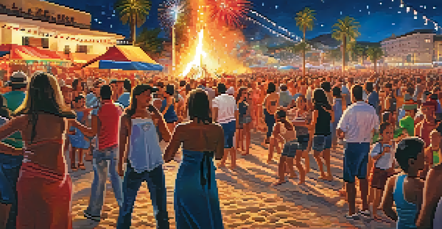 A lively beach festival with bonfires, dancing people, and fireworks lighting up the night sky in Alicante.