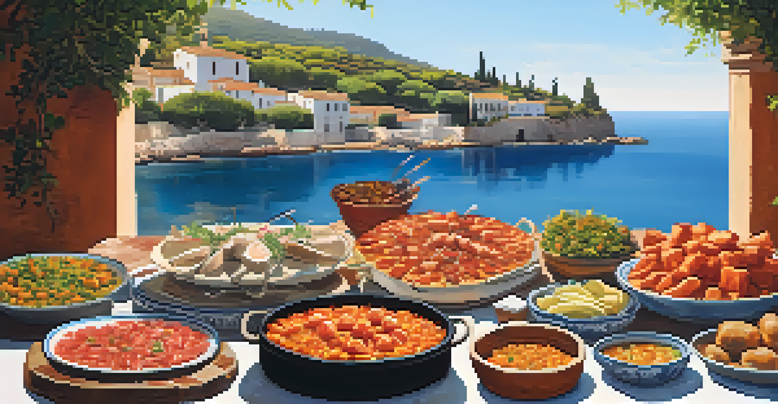 A rustic outdoor table displaying a variety of traditional Spanish tapas and seafood paella, surrounded by olive trees and terracotta pots.