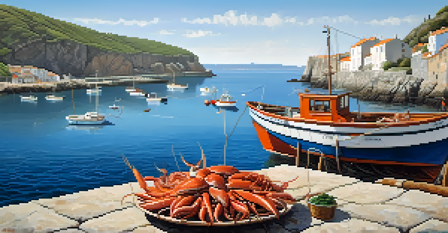 A fishing boat at a coastal harbor in Galicia, with fresh seafood being unloaded and scenic cliffs in the background.