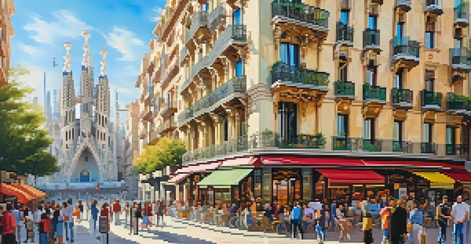 A colorful street scene in Barcelona with Gaudí's architectural designs, people walking and musicians playing.