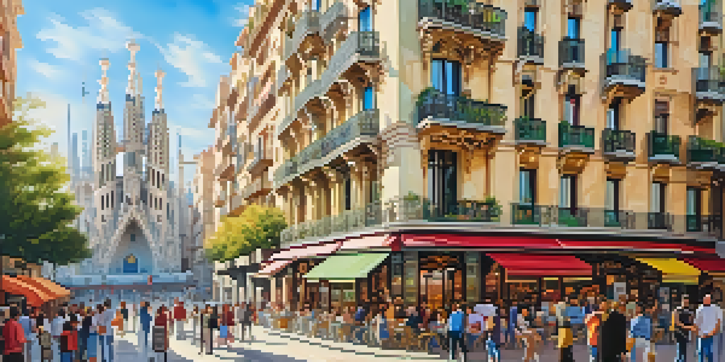 A colorful street scene in Barcelona with Gaudí's architectural designs, people walking and musicians playing.