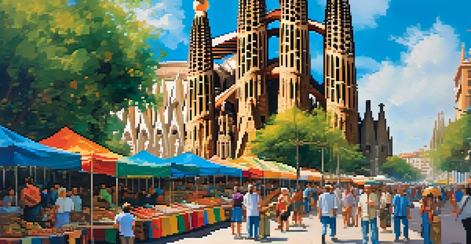 A lively street in Barcelona with the Sagrada Familia in the background, colorful vendors, and palm trees under a blue sky.