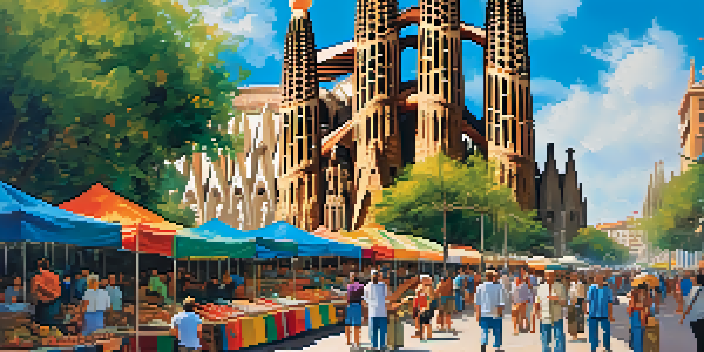 A lively street in Barcelona with the Sagrada Familia in the background, colorful vendors, and palm trees under a blue sky.