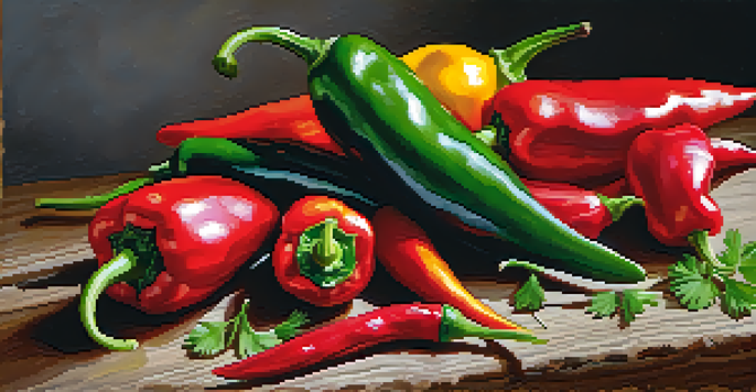 A colorful assortment of different chili peppers arranged on a wooden table, with fresh herbs scattered around.