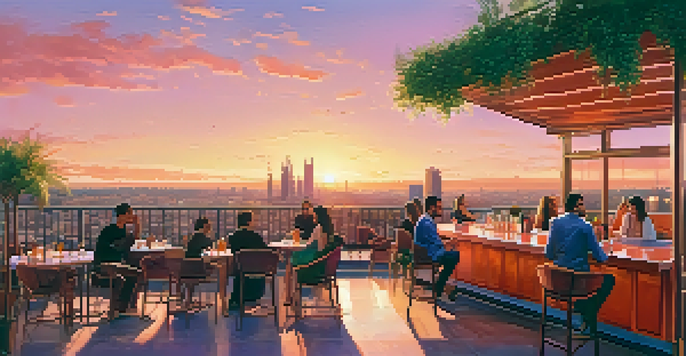 A rooftop bar in Barcelona with a stunning sunset view, featuring people enjoying drinks and stylish decor.