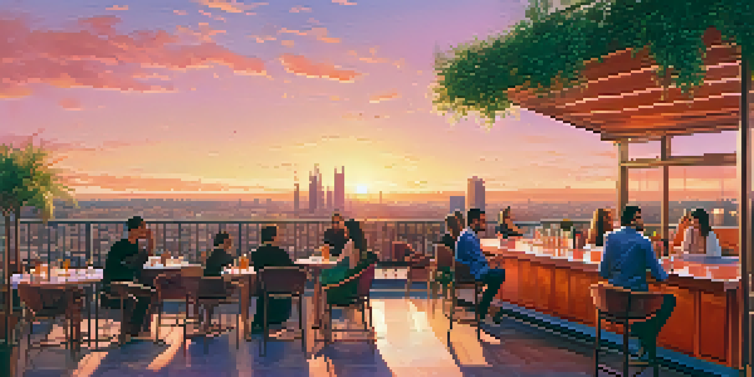 A rooftop bar in Barcelona with a stunning sunset view, featuring people enjoying drinks and stylish decor.