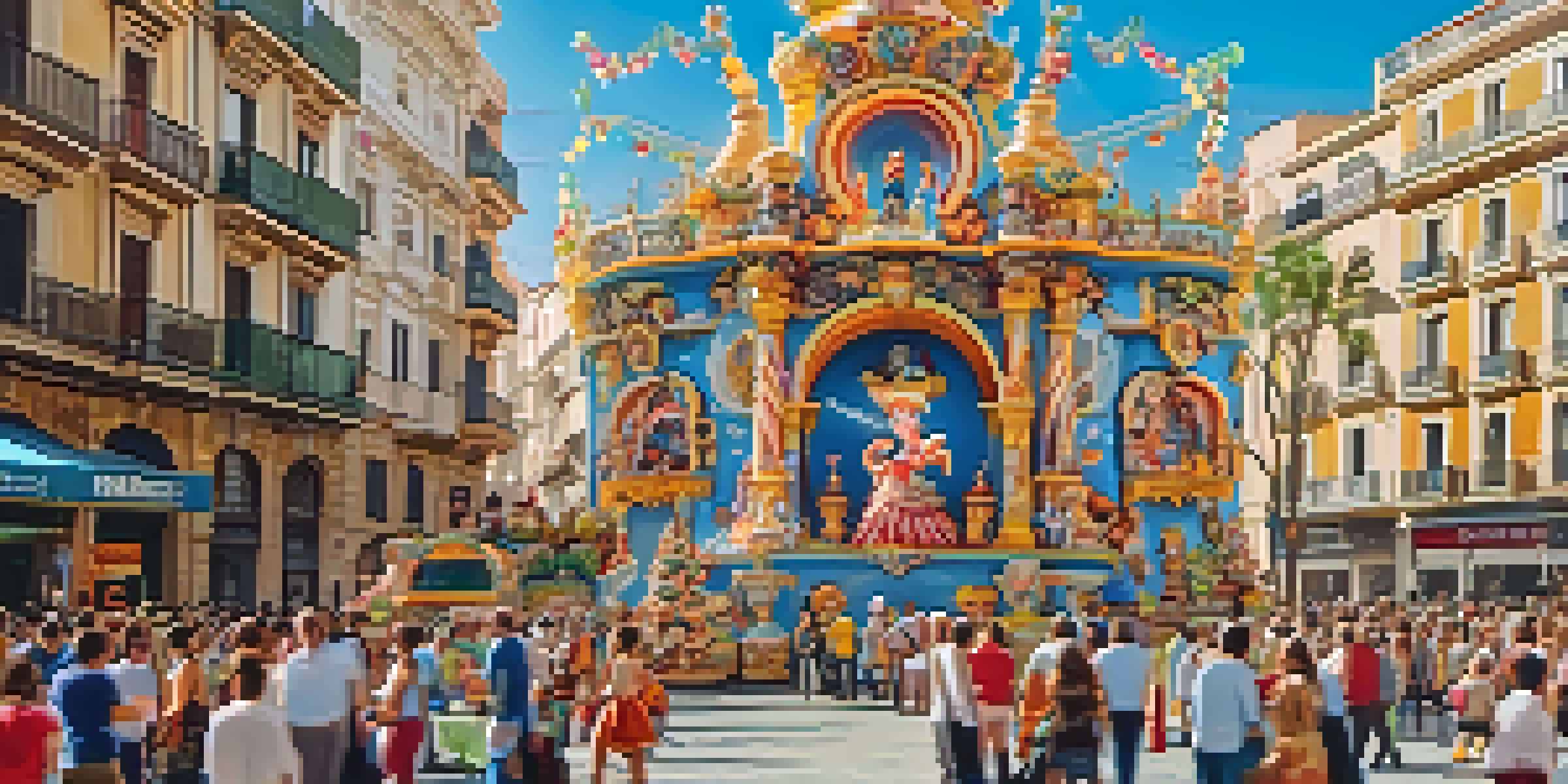 A lively street scene showcasing colorful fallas sculptures during the Las Fallas festival in Valencia, filled with people in traditional attire and enjoying festivities.