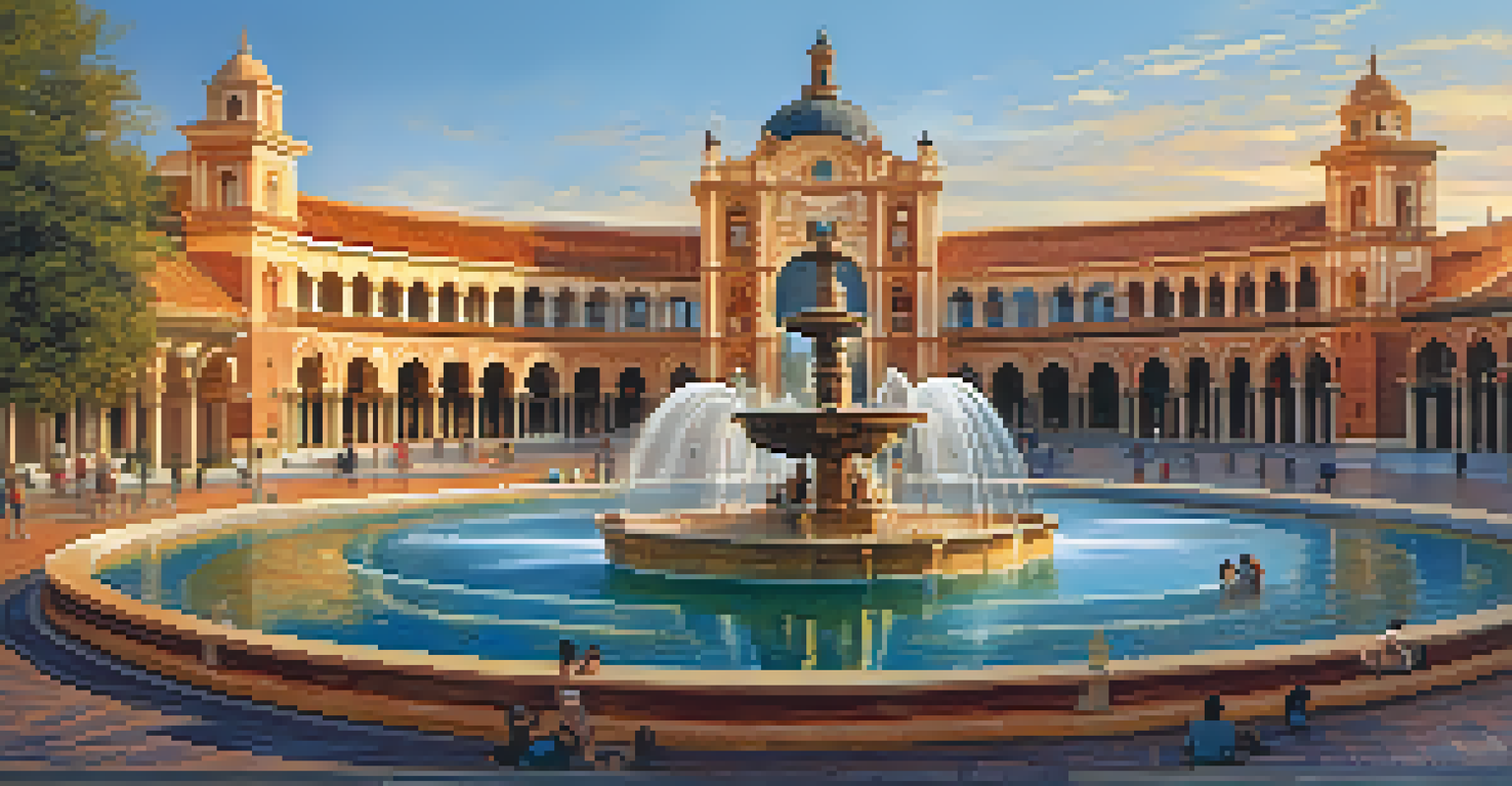 A lively scene at Plaza de España during golden hour, featuring beautiful architecture, tiled fountains, and a reflection in the water with people enjoying the space.