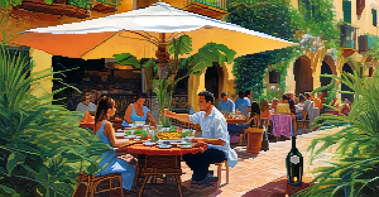 A table set for paella at a family-run restaurant in Valencia, surrounded by greenery and colorful tableware.
