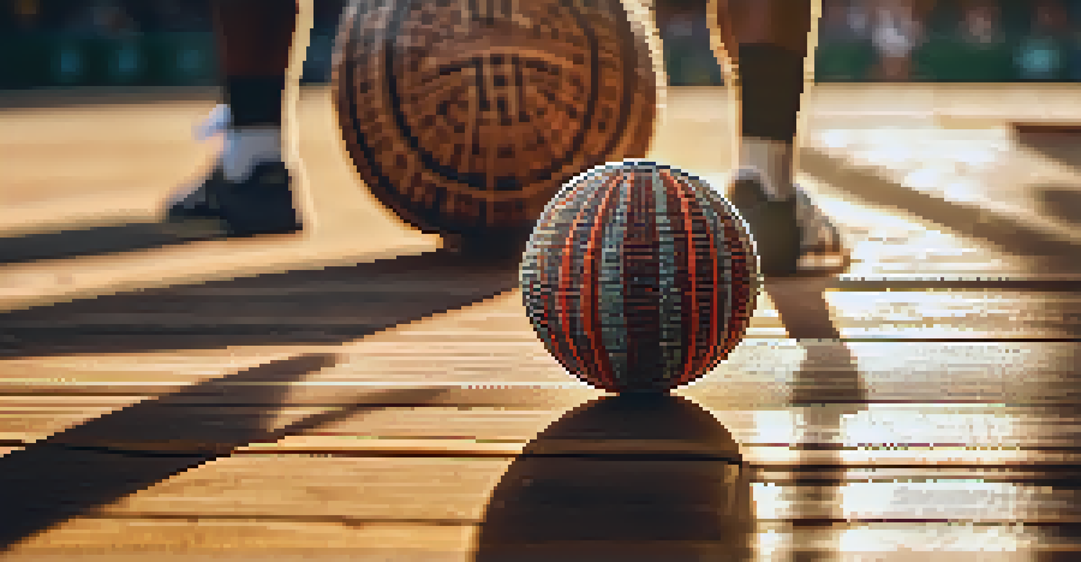 A close-up of a pelota ball and cesta on a court, with sunlight highlighting their textures.