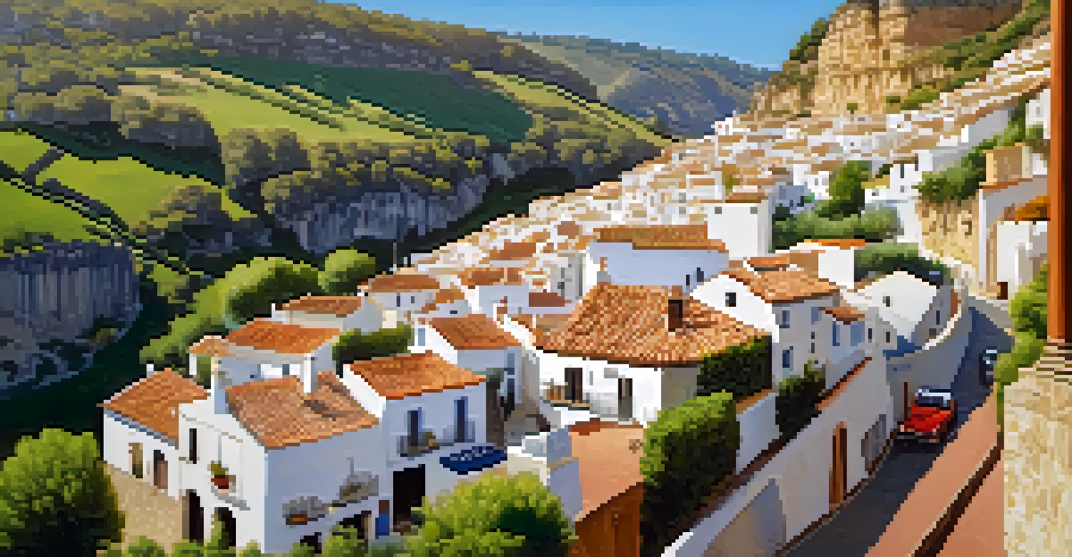 A bird's eye view of Setenil de las Bodegas featuring homes built under rock formations, illustrating the village's unique architecture and natural surroundings.