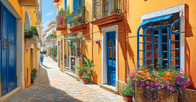 A lively street in Villajoyosa, featuring colorful buildings and an artisan painting tiles under warm sunlight.