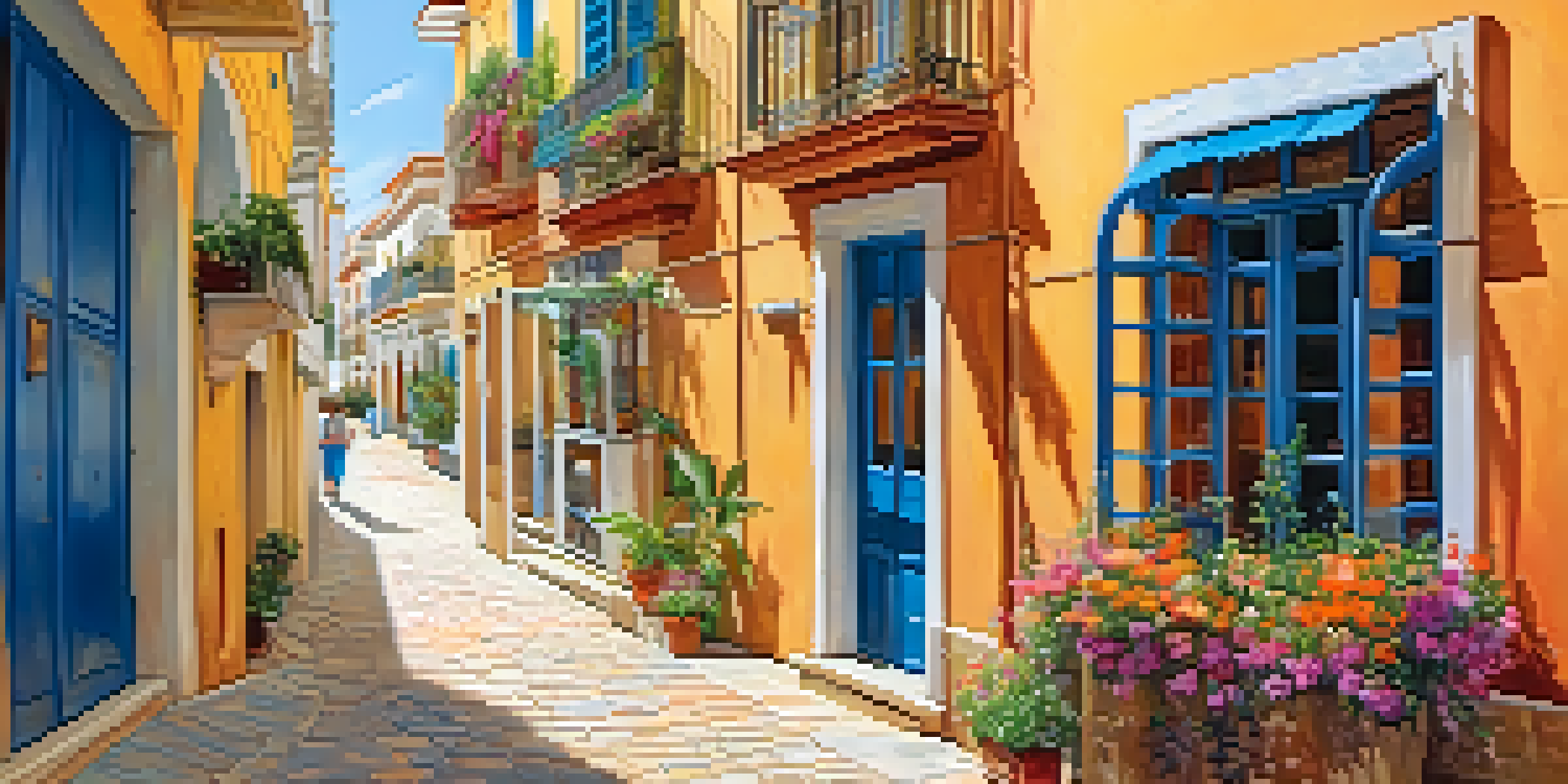 A lively street in Villajoyosa, featuring colorful buildings and an artisan painting tiles under warm sunlight.