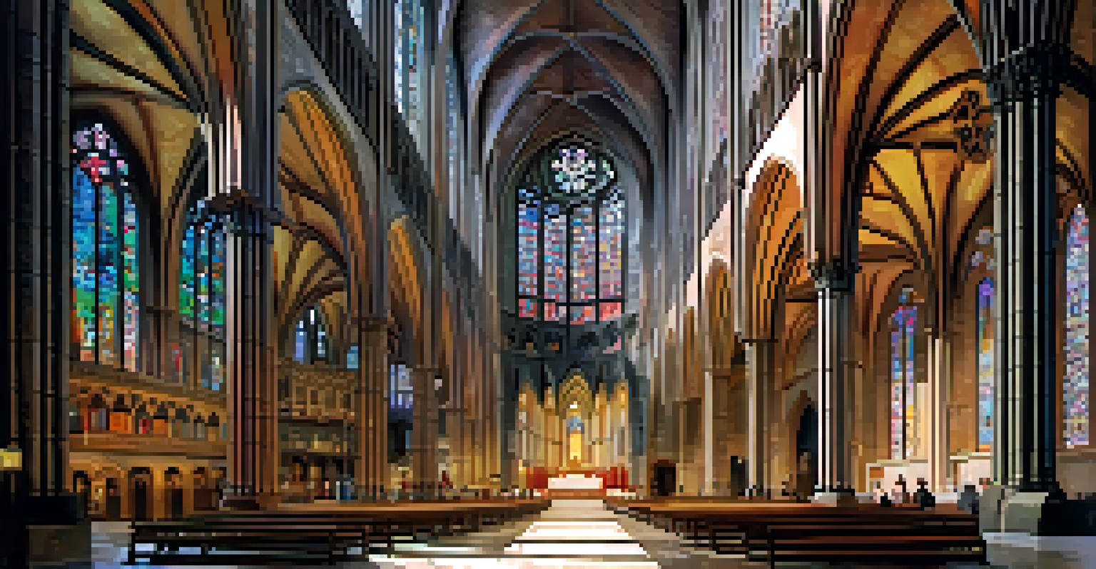 Interior of the Cathedral of the Holy Cross and Saint Eulalia, showcasing stained glass windows and ancient stone architecture with visitors inside.