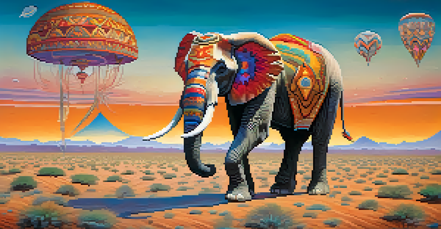 A giant, colorful elephant with long legs walking in a dreamlike desert landscape.