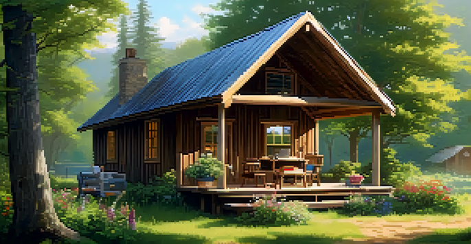 A peaceful writing retreat in the countryside with a cabin, greenery, and a writer working on a laptop.