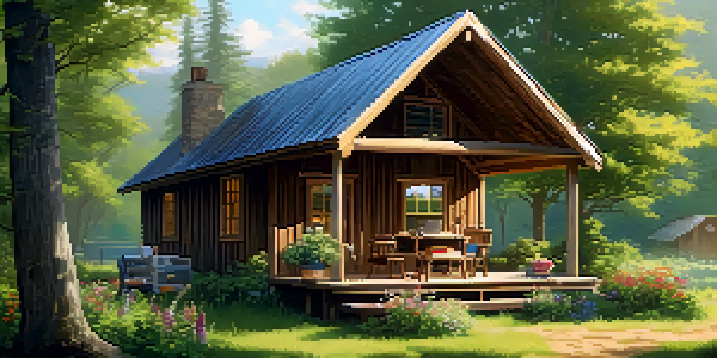 A peaceful writing retreat in the countryside with a cabin, greenery, and a writer working on a laptop.