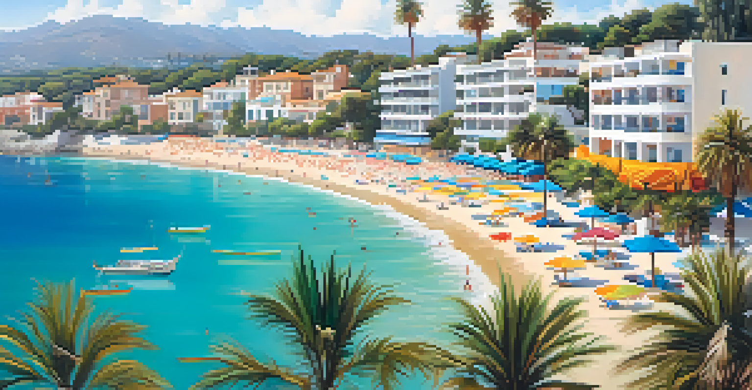 Aerial view of Costa del Sol showcasing golden beaches, turquoise waters, colorful umbrellas, and charming white buildings.