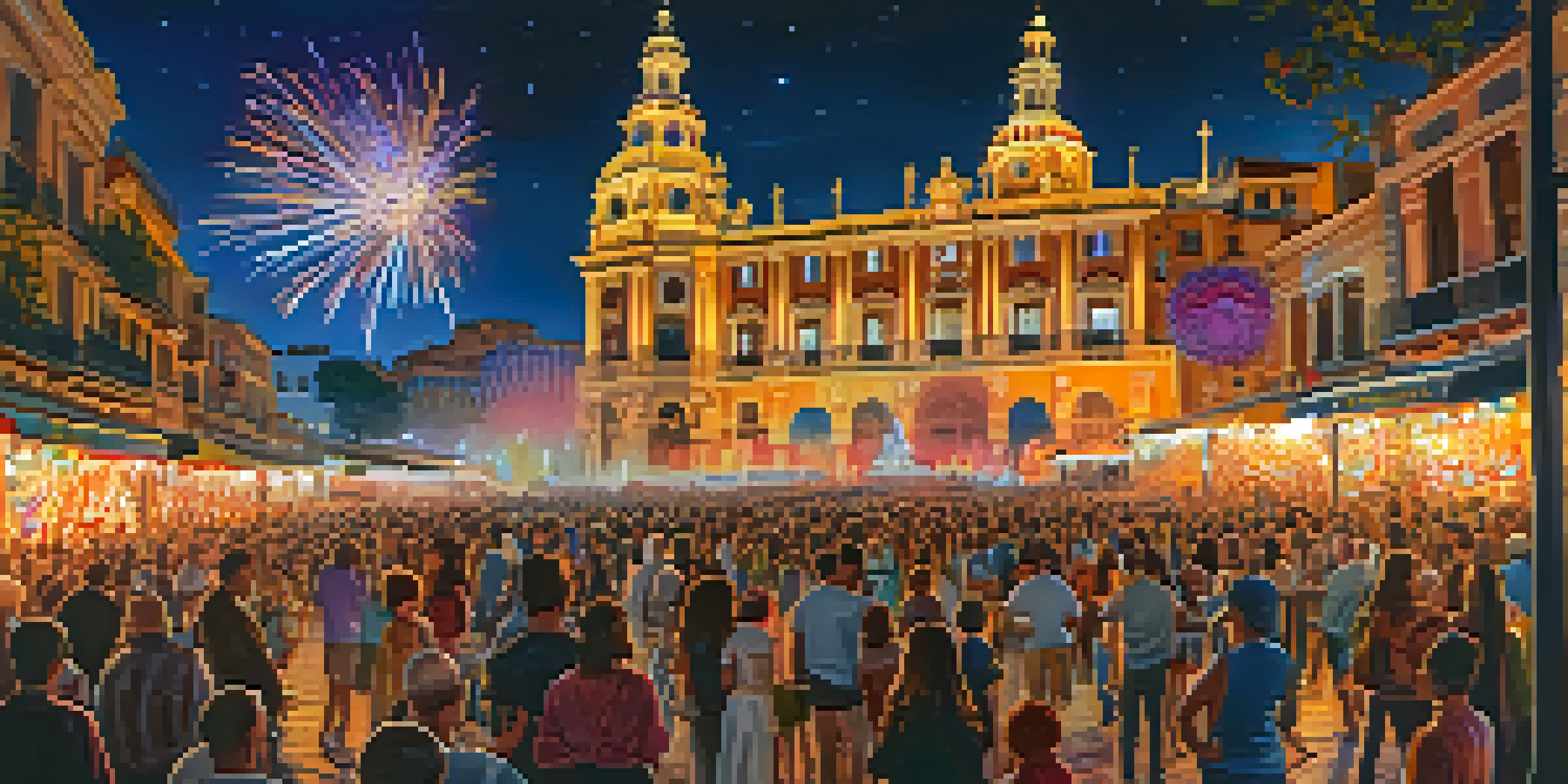 A lively night scene at the Las Fallas festival in Valencia, filled with colorful lights and fireworks, with joyful crowds in the foreground.