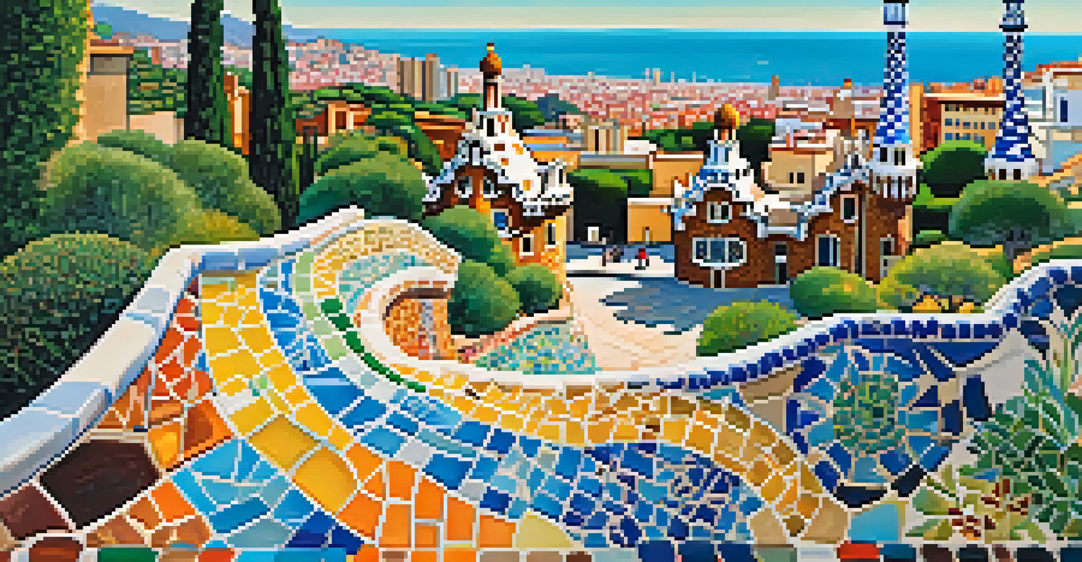 Aerial view of Park Güell showcasing colorful mosaics, whimsical structures, and views of Barcelona.
