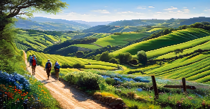 A scenic view of the Camino de Santiago with pilgrims walking on a winding path through green hills and wildflowers.
