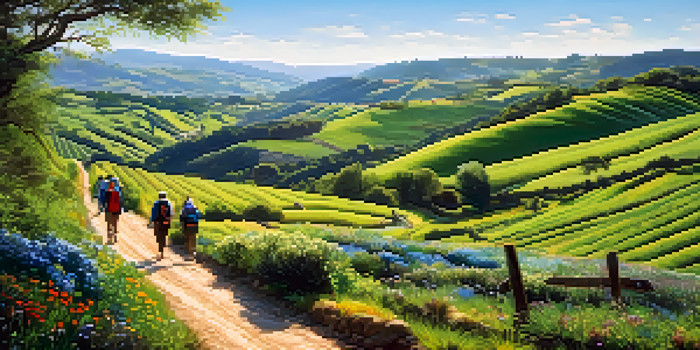 A scenic view of the Camino de Santiago with pilgrims walking on a winding path through green hills and wildflowers.