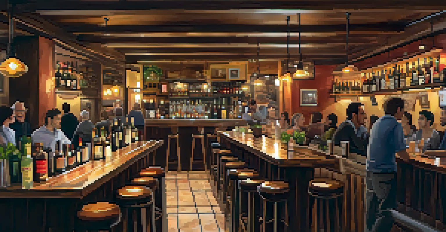 A cozy tapas bar in Granada with a wooden bar displaying various tapas dishes and patrons enjoying their meals.