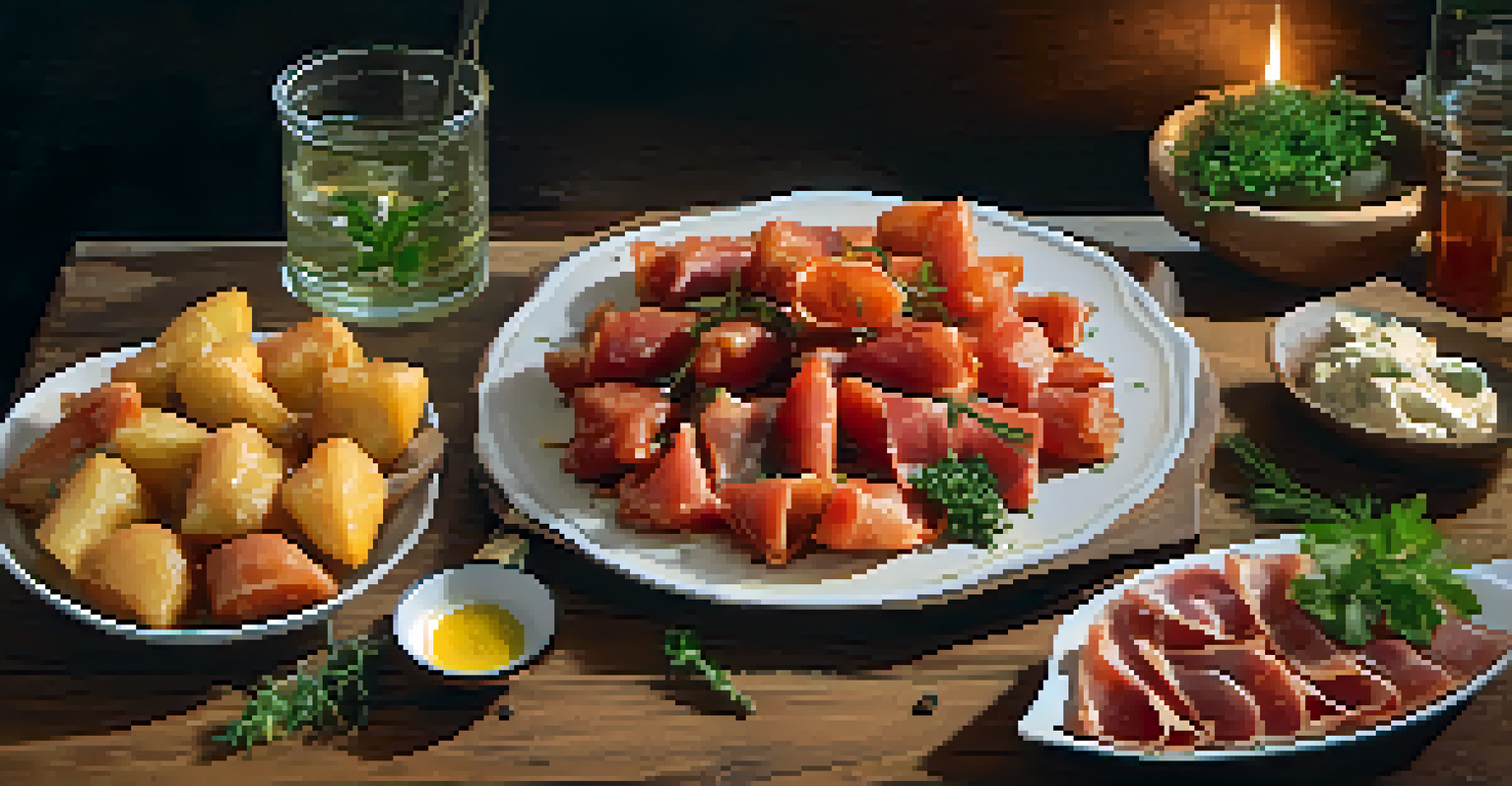 A plate of traditional Spanish tapas, including patatas bravas and clams, beautifully presented on a wooden table.