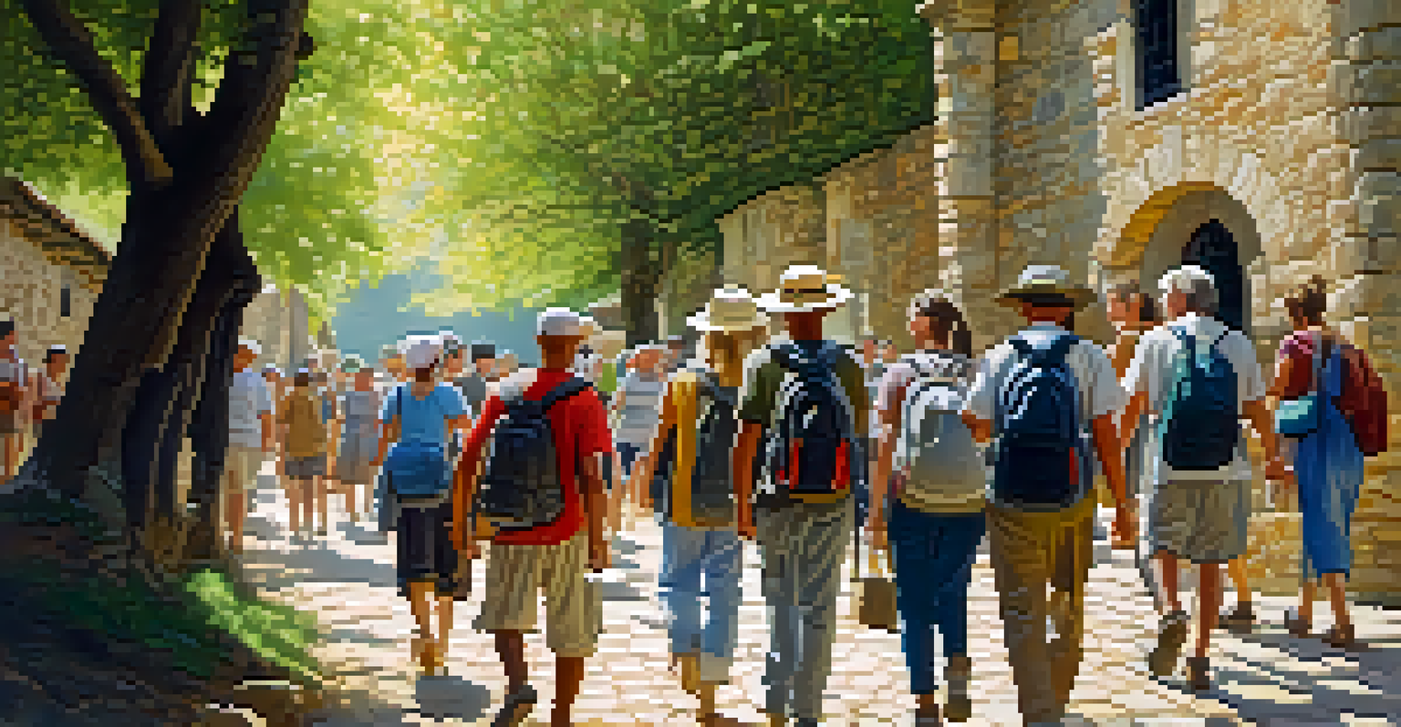 A diverse group of pilgrims walking together on the Camino de Santiago, sharing stories under the sunlight with rustic buildings in the background.