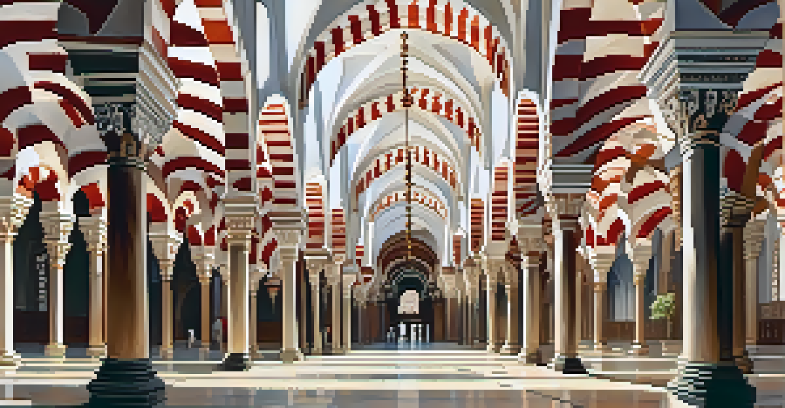 Interior view of the Mezquita-Catedral in Córdoba, highlighting its iconic arches and intricate details in a serene light.