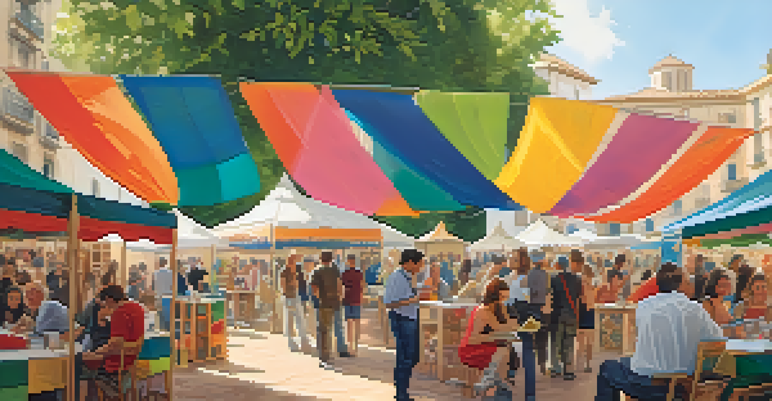 A vibrant outdoor literary festival in Barcelona with colorful tents and engaged attendees.