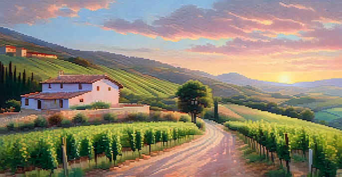 A tranquil rural landscape in Spain at sunrise with rolling vineyards and a rustic farmhouse.