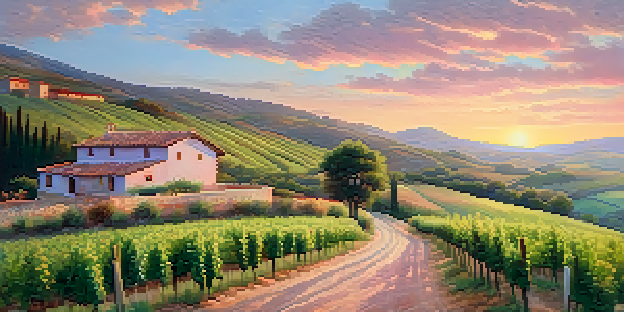 A tranquil rural landscape in Spain at sunrise with rolling vineyards and a rustic farmhouse.