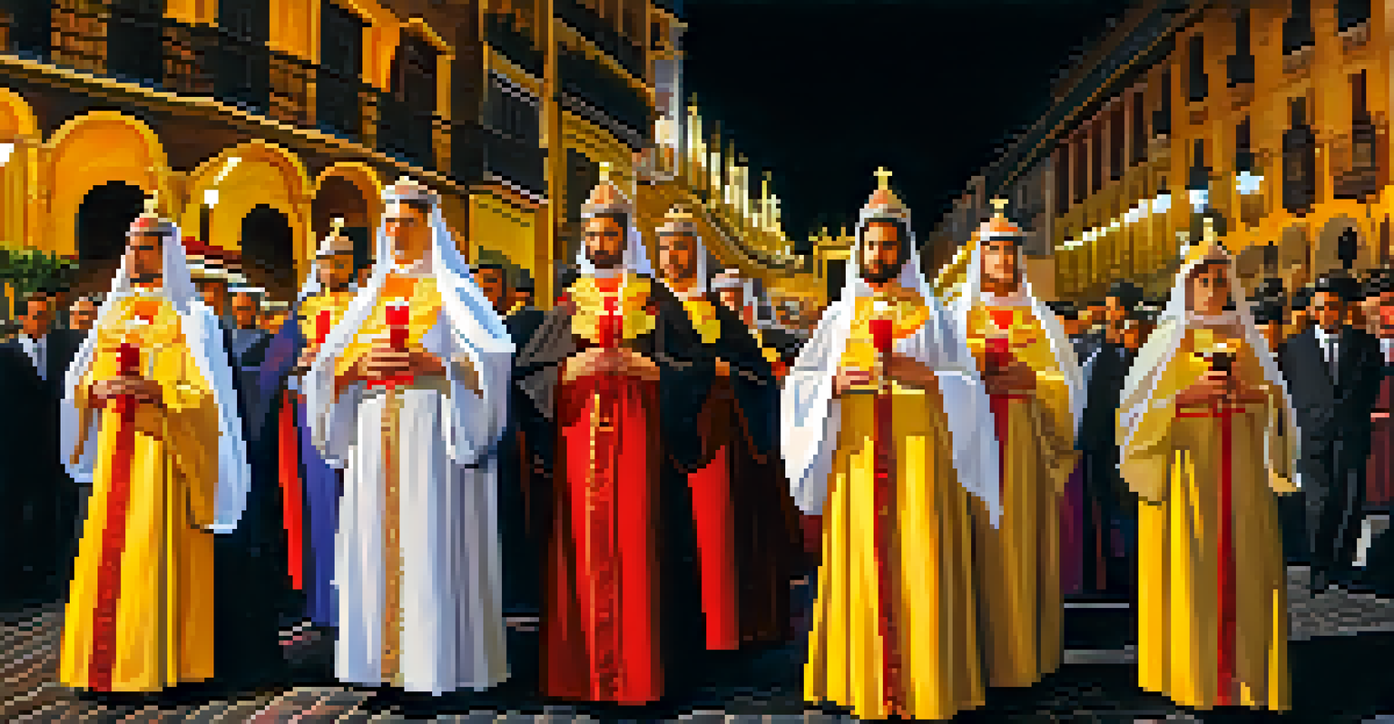 A solemn procession during Semana Santa in Seville, with nazarenos carrying candles and floats.