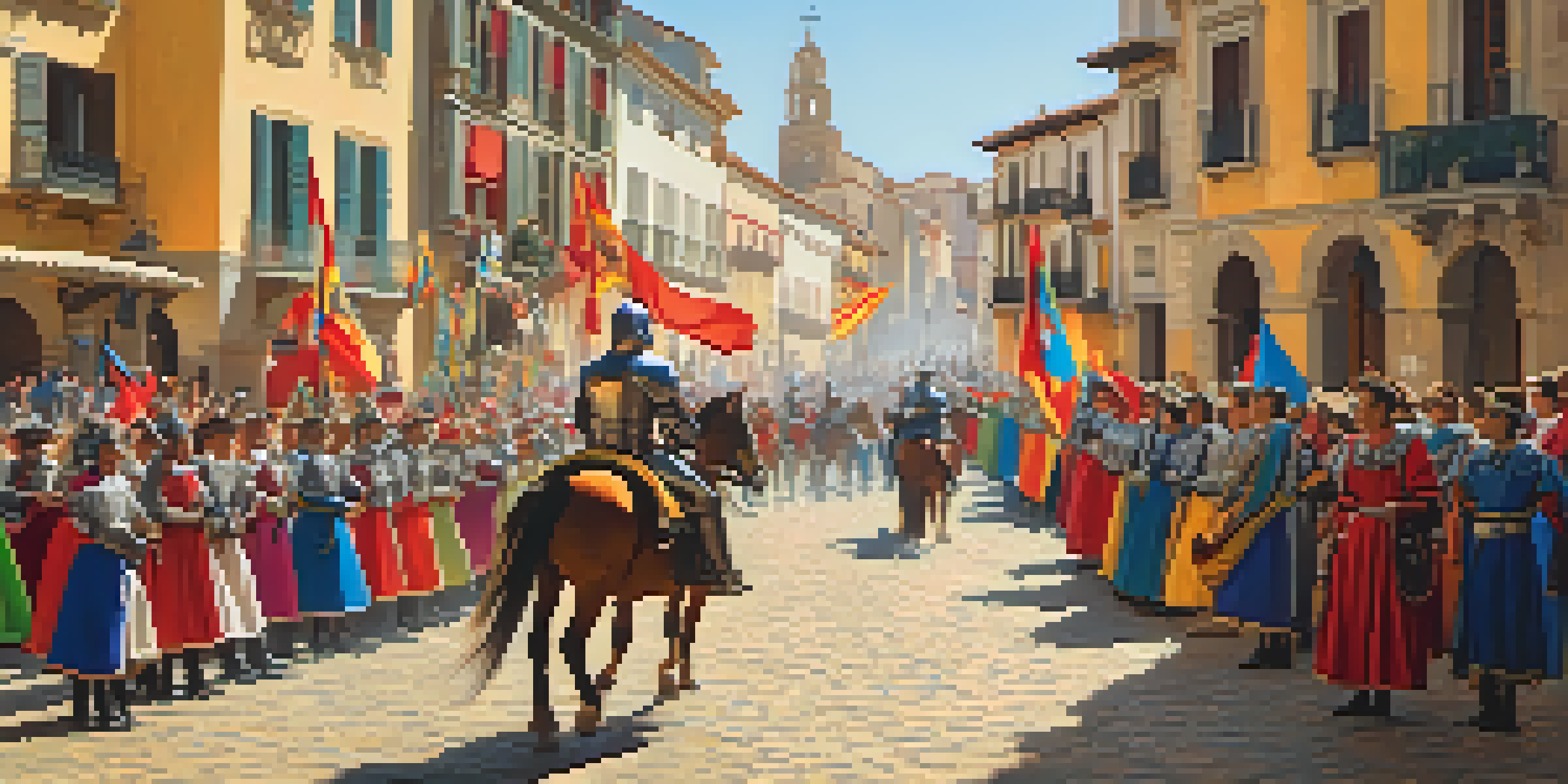 A lively parade during a Reconquista festival in Spain, with participants in historical costumes and knights on horseback.