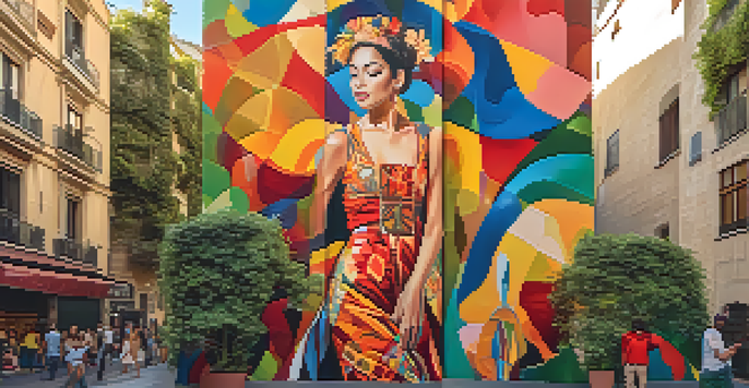 A lively street in Barcelona with a large mural of a Spanish dancer, surrounded by abstract designs, and lively pedestrians in the foreground.