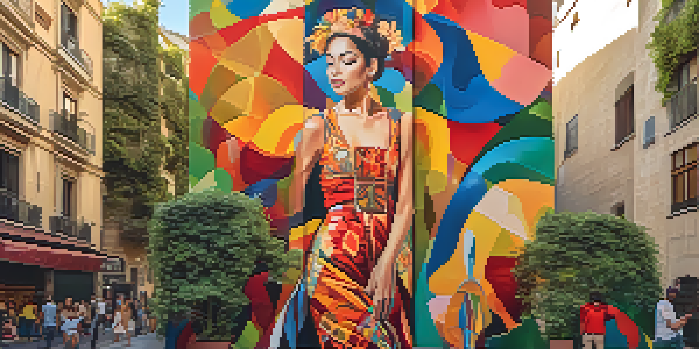 A lively street in Barcelona with a large mural of a Spanish dancer, surrounded by abstract designs, and lively pedestrians in the foreground.